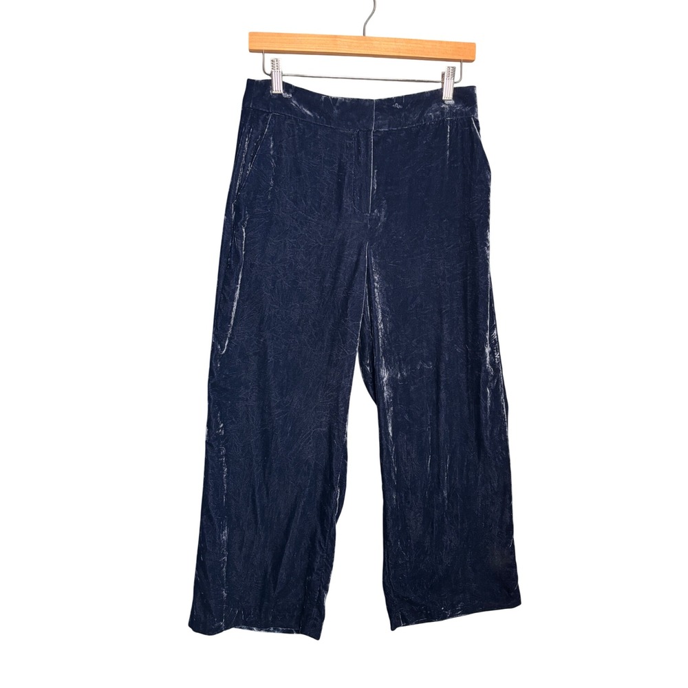 LOFT Womens Pants 4P Navy Blue Crushed Velvet Wide Leg High Rise Luxe Festive